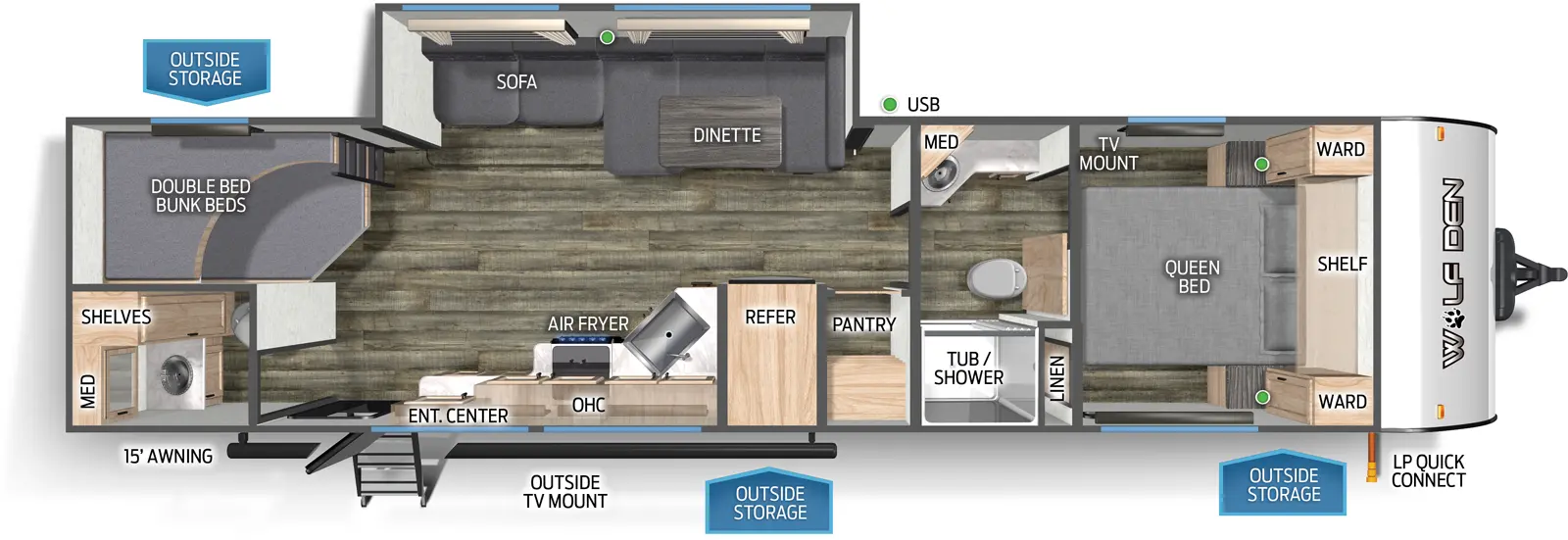 The 282DS has one slideout and one entry. Exterior features LP quick connect, outside storage, outside TV mount, and 15 foot awning. Interior layout front to back: foot-facing queen bad with shelf above, wardrobes on each side, linen closet, and TV mount; split full pass-through bathroom with medicine cabinet; off-door side slideout with dinette and sofa; door side pantry, refrigerator, kitchen counter with sink, air fryer, overhead cabinet, entertainment center, and entry; rear off-door side double bed bunk beds; rear door side half bathroom with medicine cabinet and shelves.